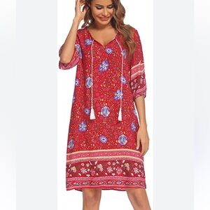Red Floral Boho Shift Dress with Tassels, Medium
